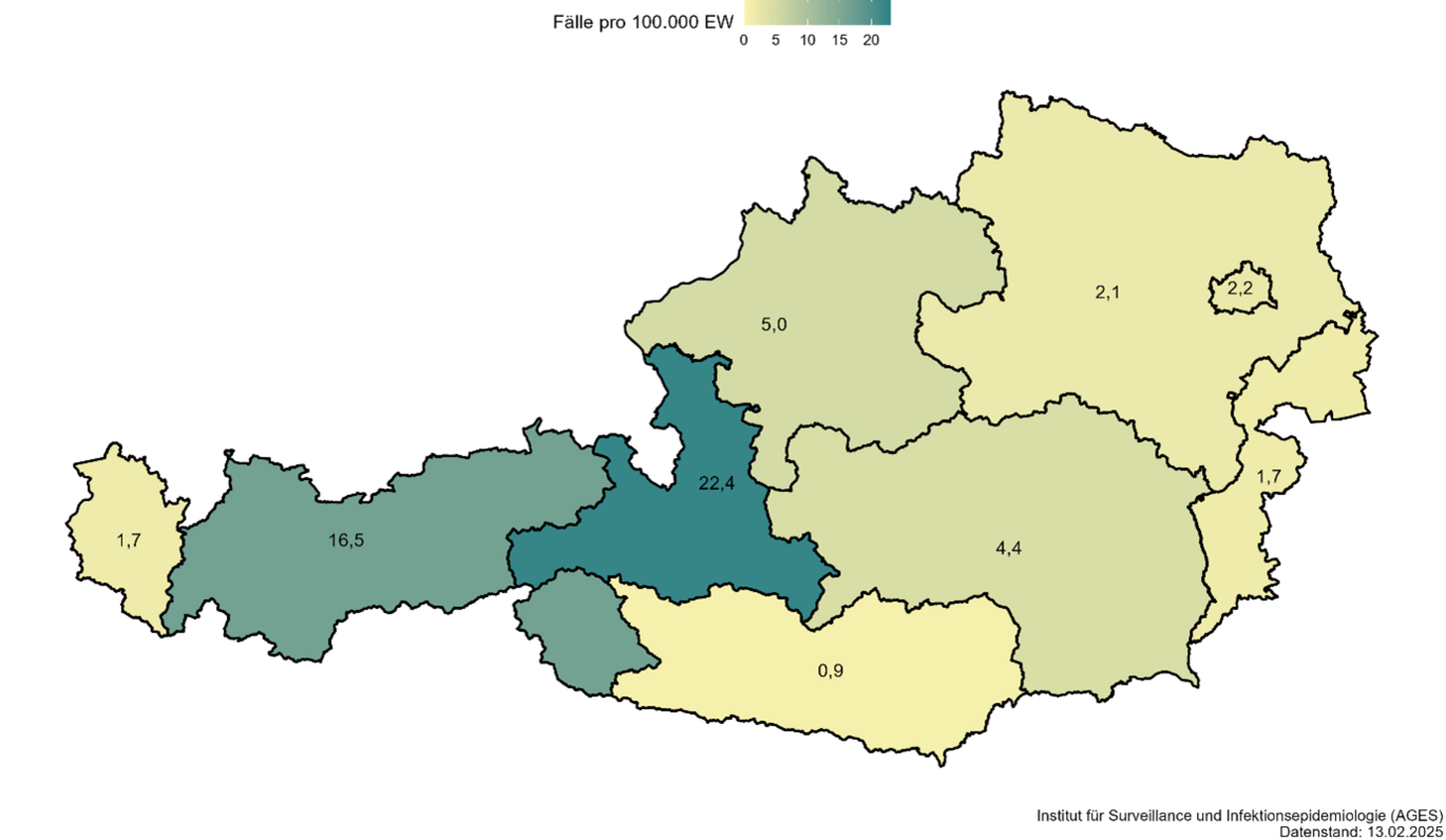 Illustration of pertussis incidence 2025 by federal state Austria (Enlarges Image in Dialog Window)