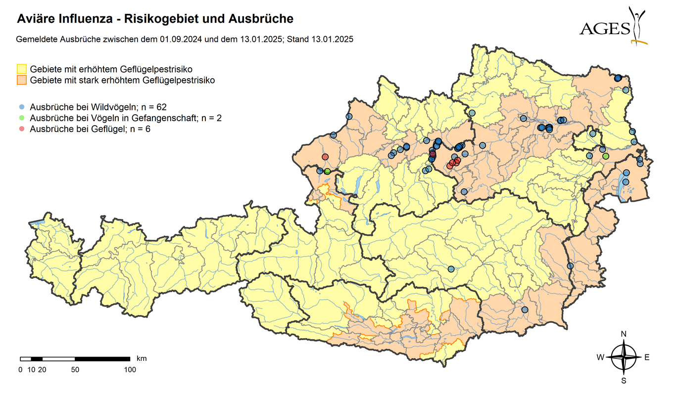 Risikogebiete und HPAI-Ausbrüche seit September 2024 (Vergrößert das Bild in einem Dialog Fenster)