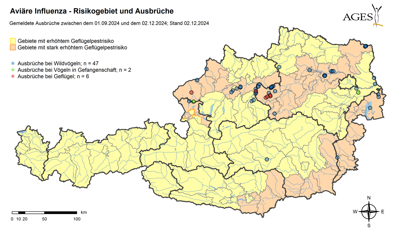 Risikogebiete und HPAI-Ausbrüche seit September 2024 (Vergrößert das Bild in einem Dialog Fenster)