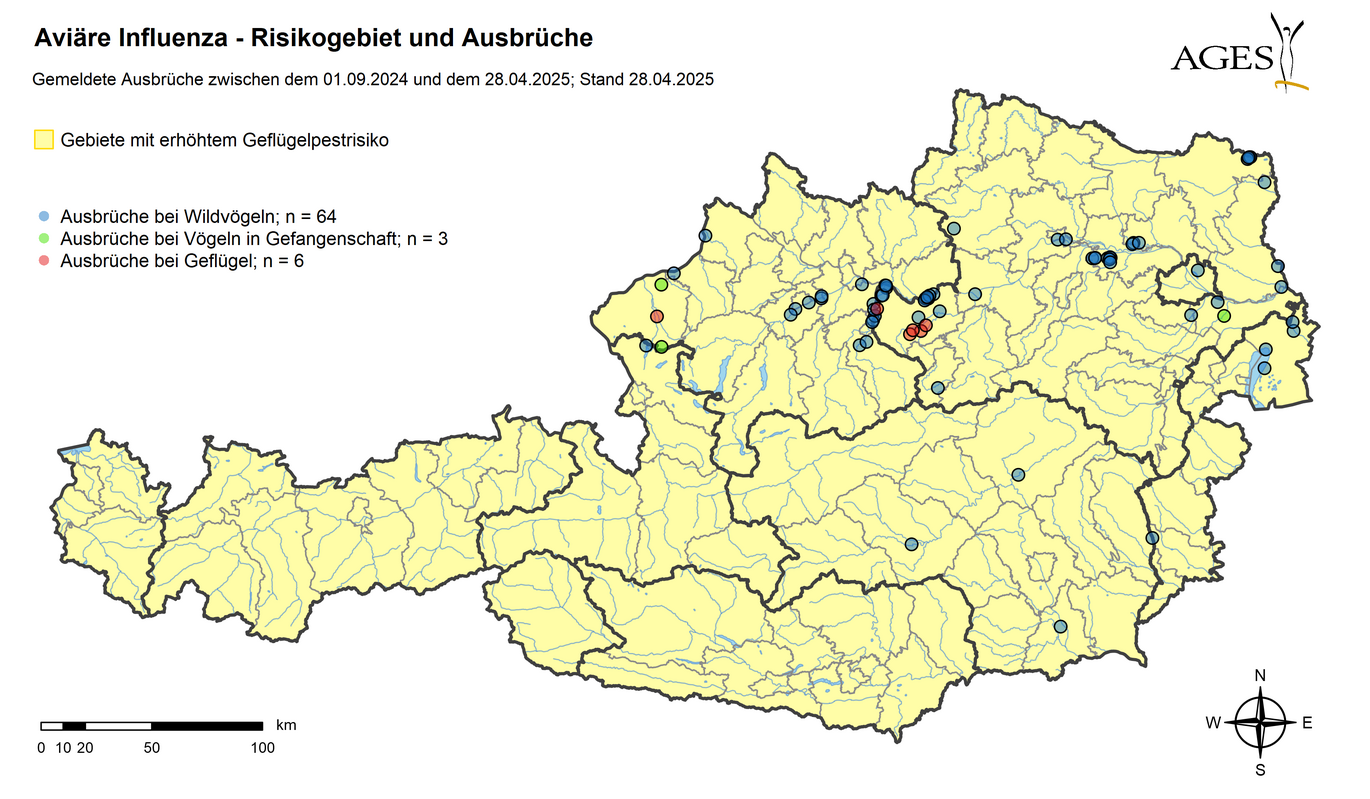 Risikogebiete und HPAI-Ausbrüche seit September 2024 (Vergrößert das Bild in einem Dialog Fenster)