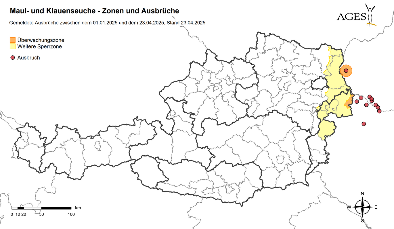 Österreichkarte Überwachungszonen Maul- und Klauensuche (Vergrößert das Bild in einem Dialog Fenster)