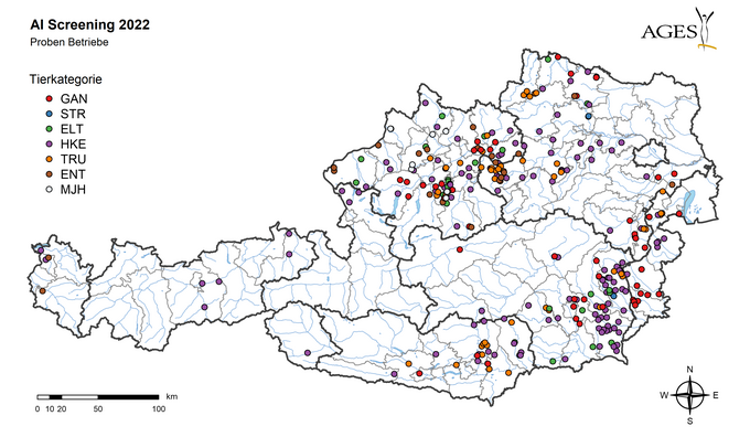 Karte zeigt die Lage der Betriebe, die auf Aviäre Influenza getestet wurden (Enlarges Image in Dialog Window)