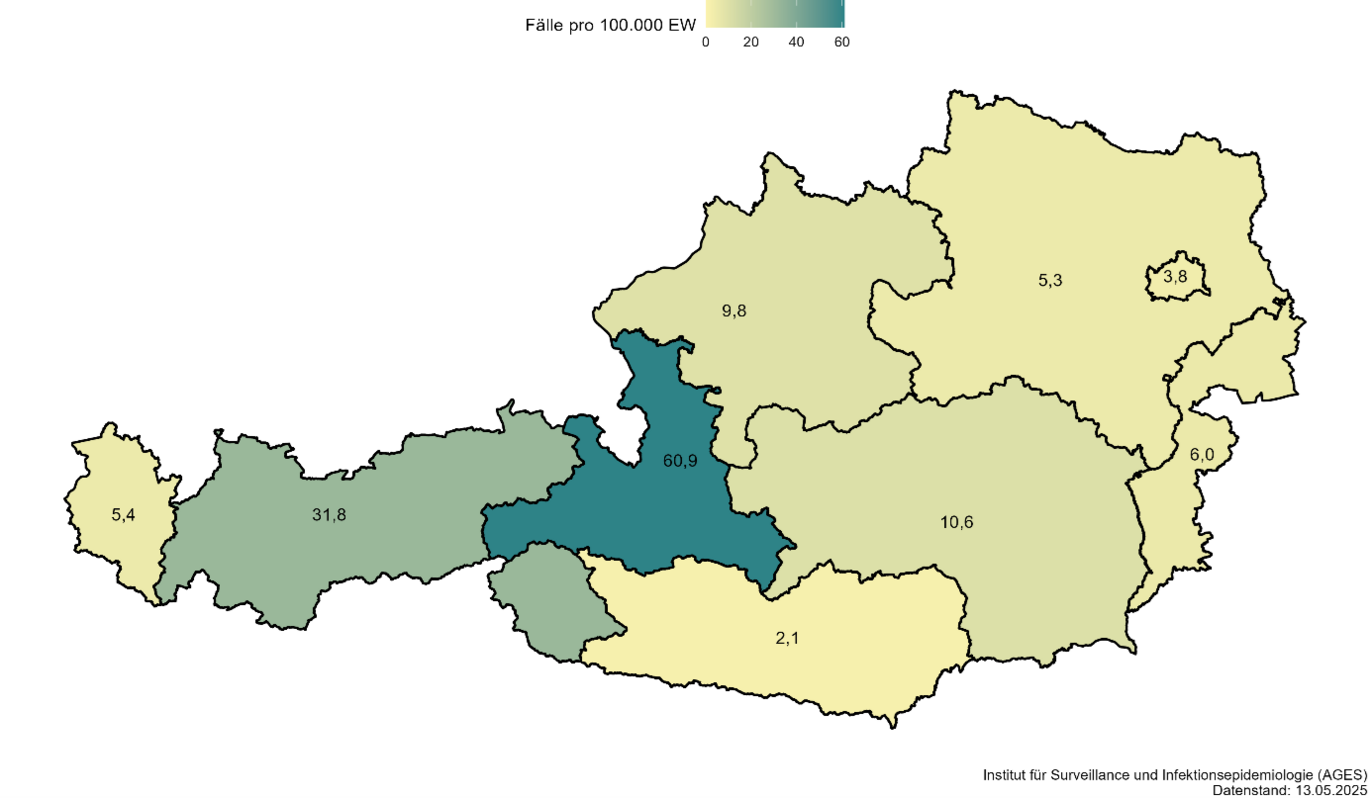 Pertussis-Inzidenz im Jahr 2025 pro Bundesland (Stand: 13.05.2025)  (Vergrößert das Bild in einem Dialog Fenster)
