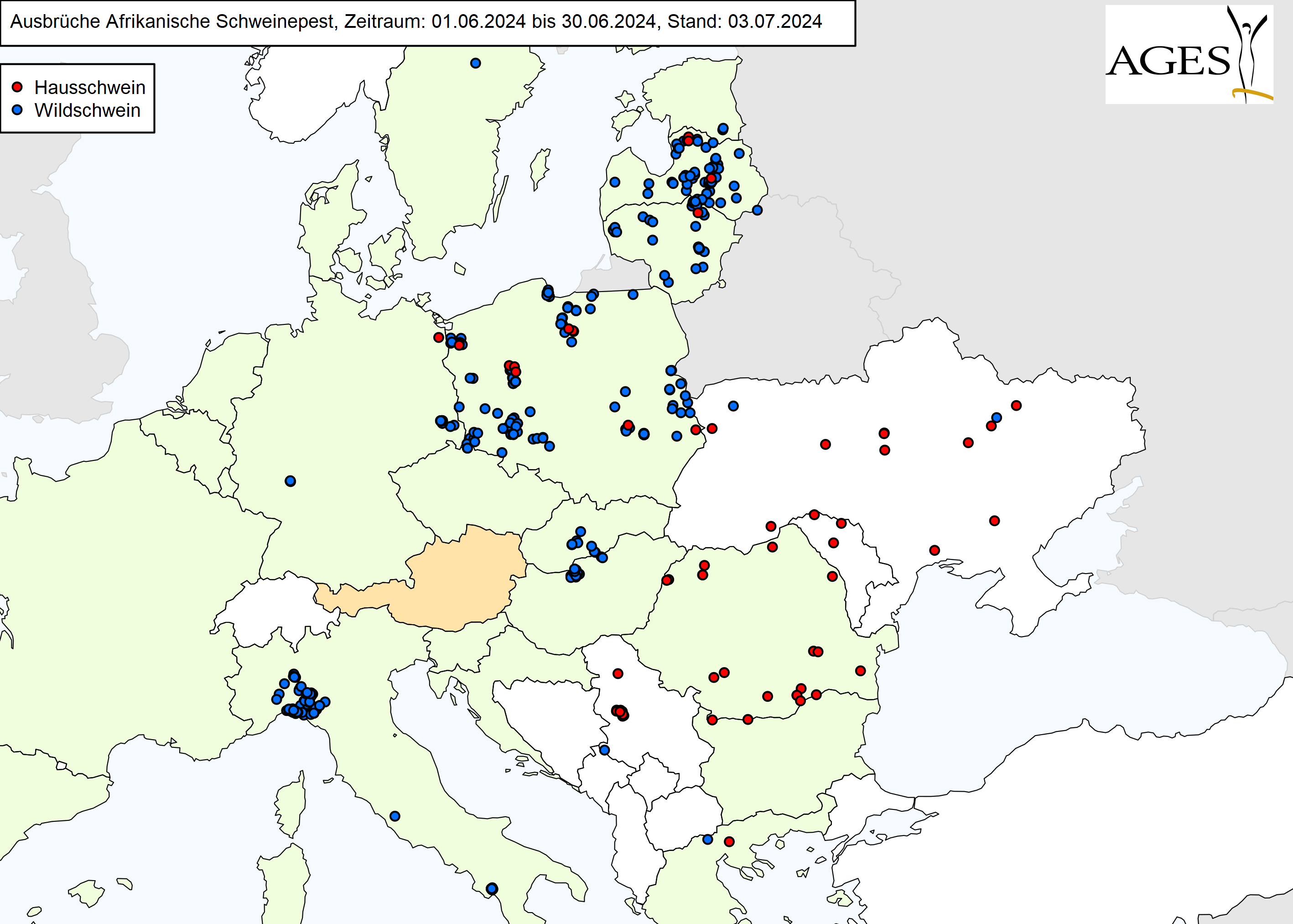 Europakarte zu ASP-Ausbrüche wie in "Situation in Europa" beschrieben.