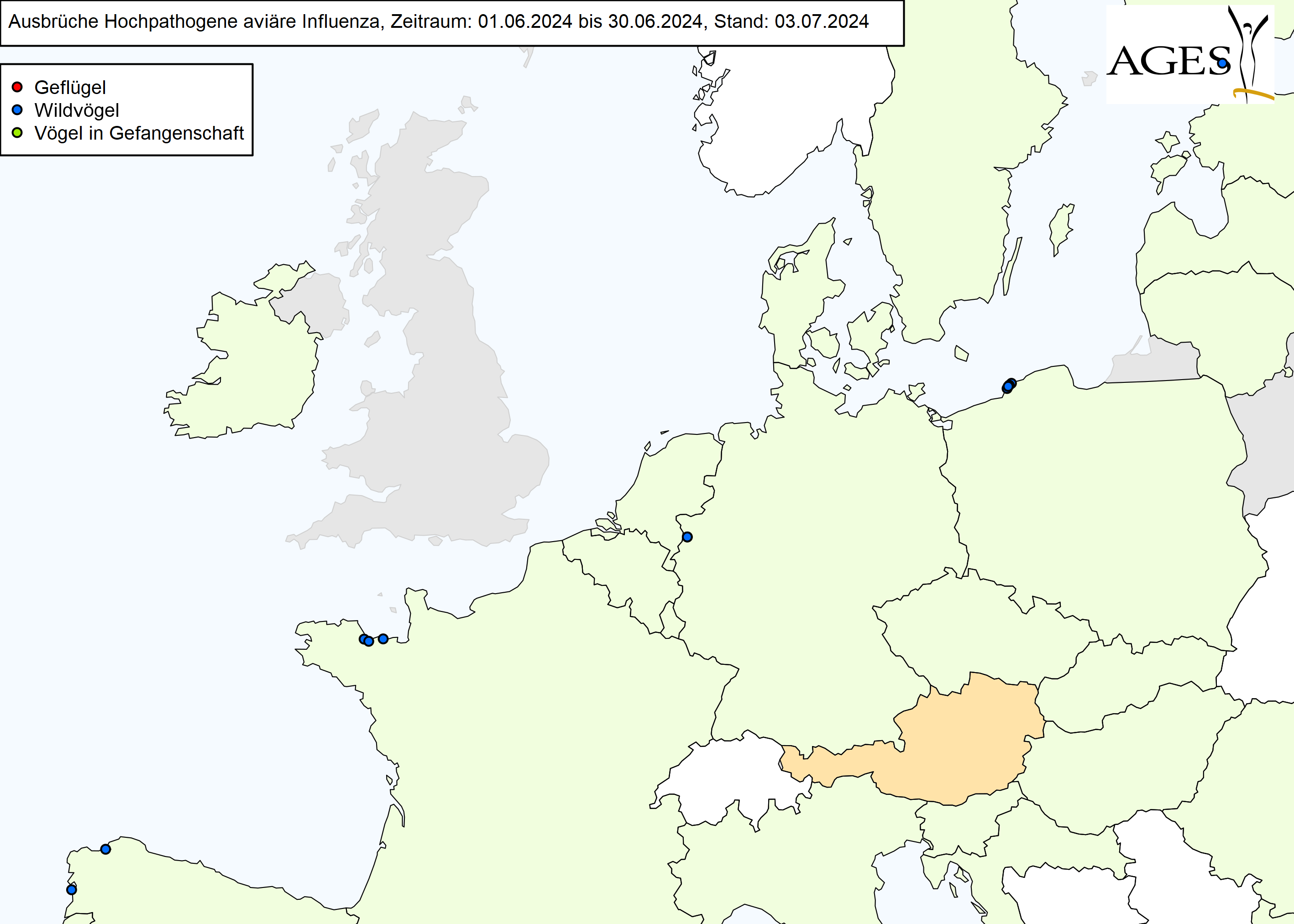 Europakarte zu HPAI-Ausbrüchen wie in "Situation in Europa" beschrieben.