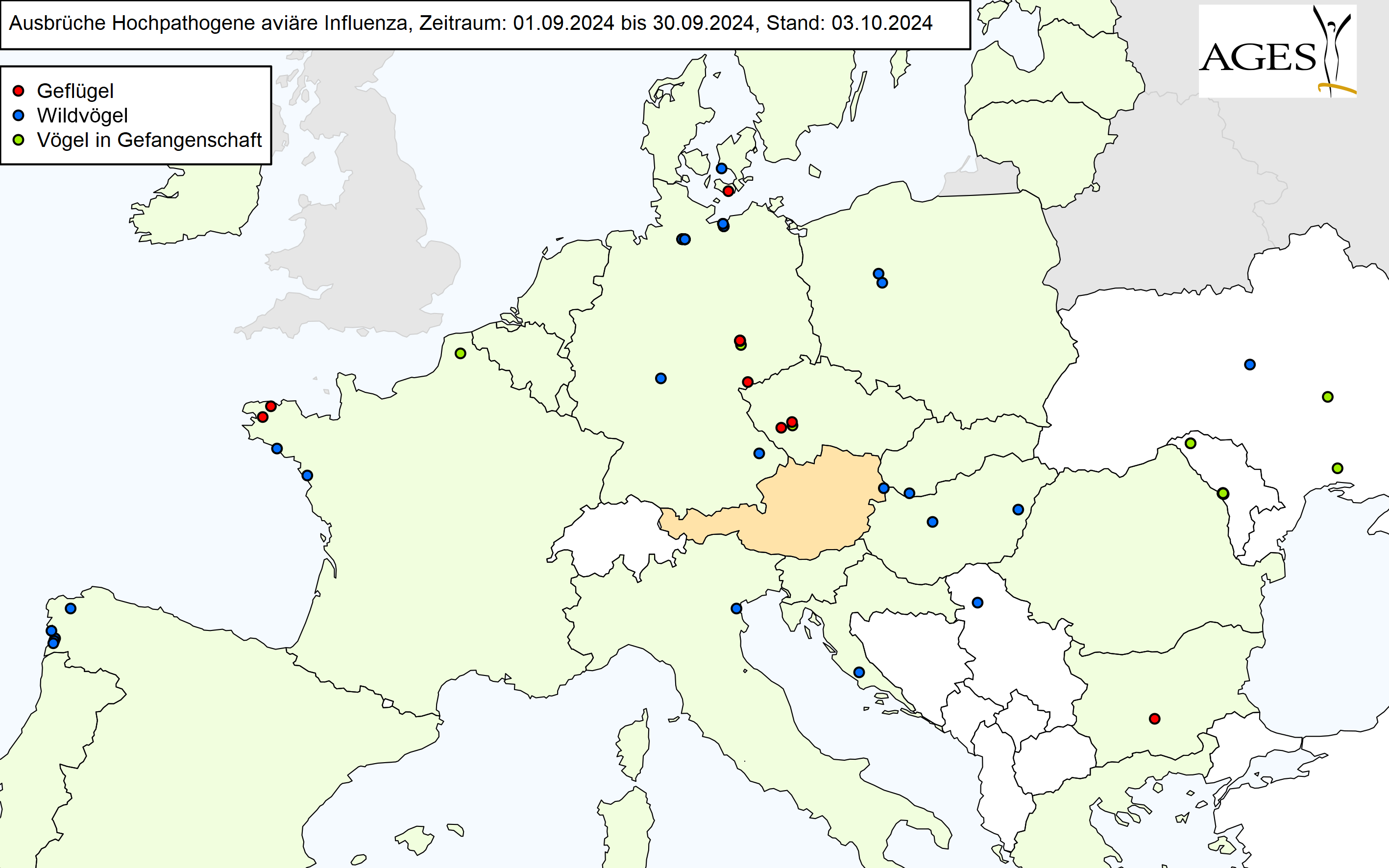 Europakarte zu HPAI-Ausbrüchen wie in "Situation in Europa" beschrieben.