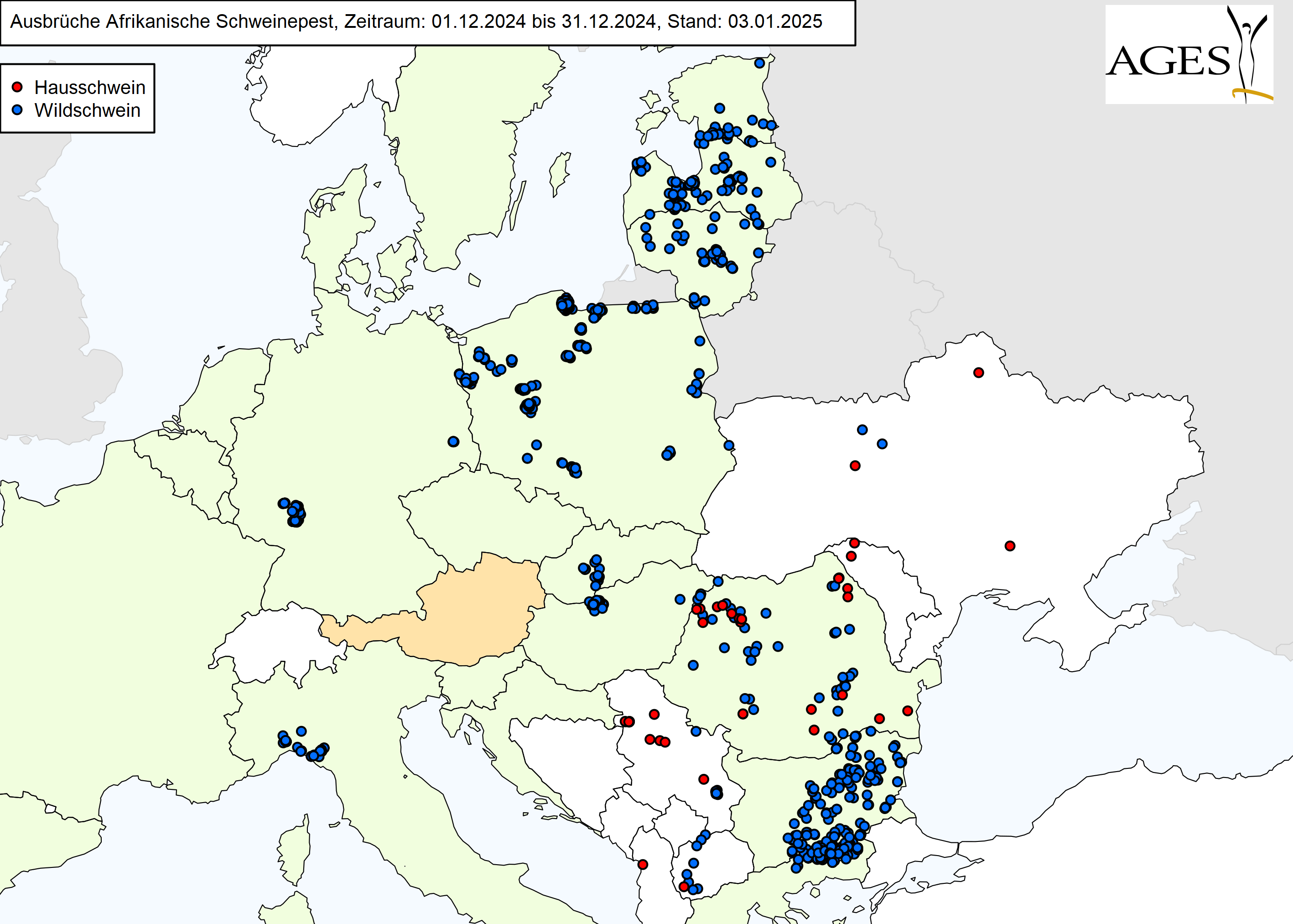 Europakarte zu ASP-Ausbrüche wie in "Situation in Europa" beschrieben.