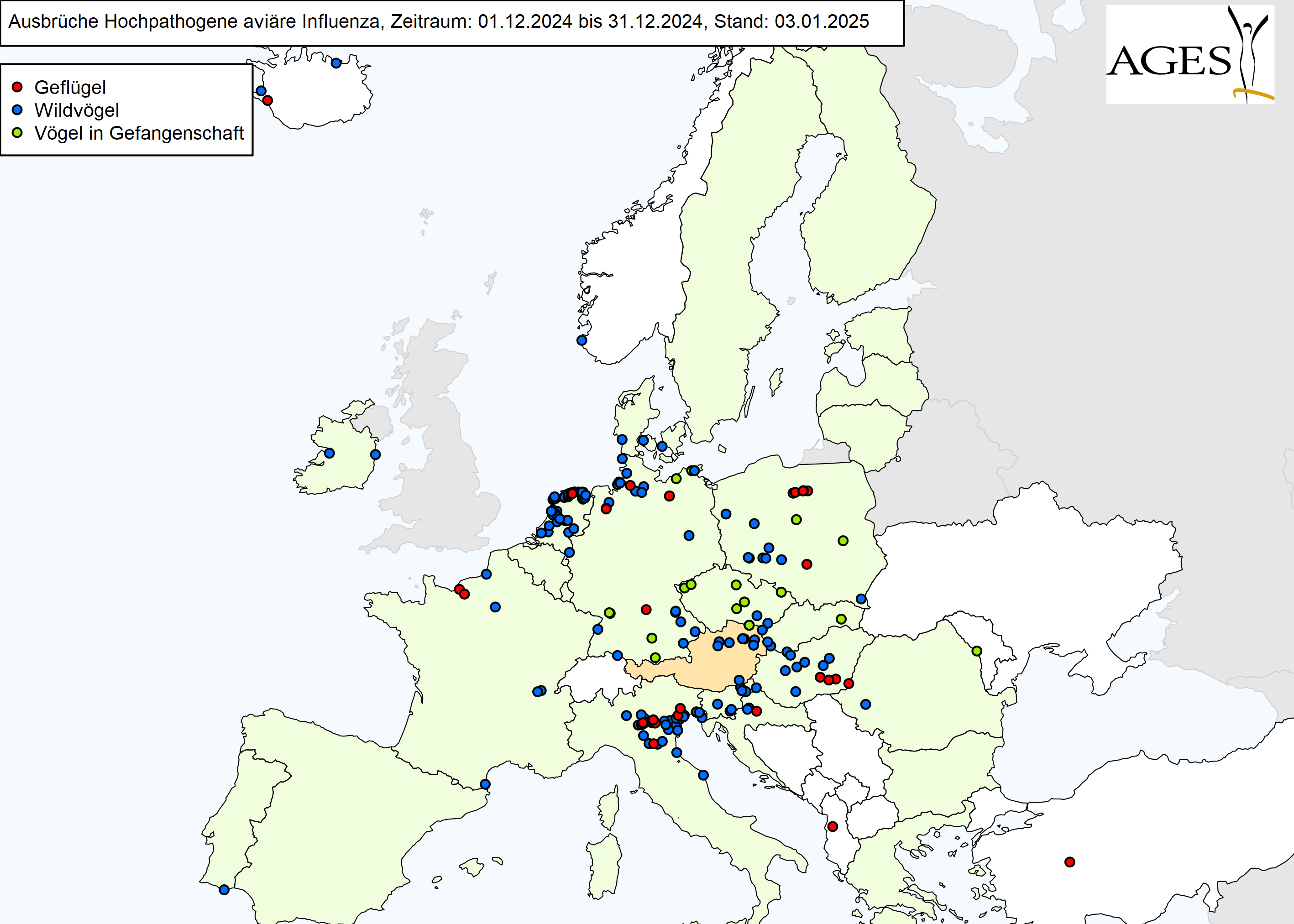 Europakarte zu HPAI-Ausbrüchen wie in "Situation in Europa" beschrieben.