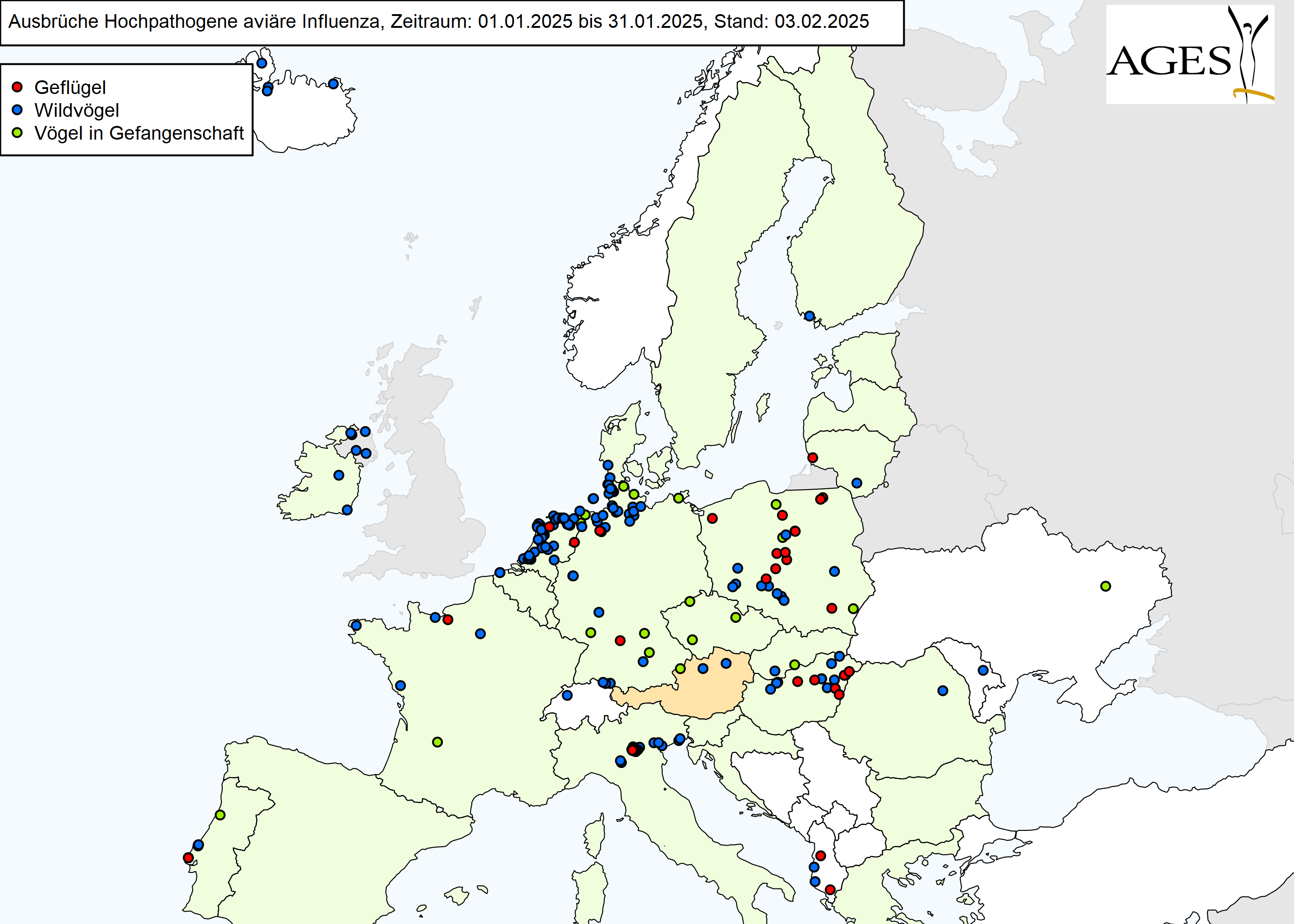 Europakarte zu HPAI-Ausbrüchen wie in "Situation in Europa" beschrieben.