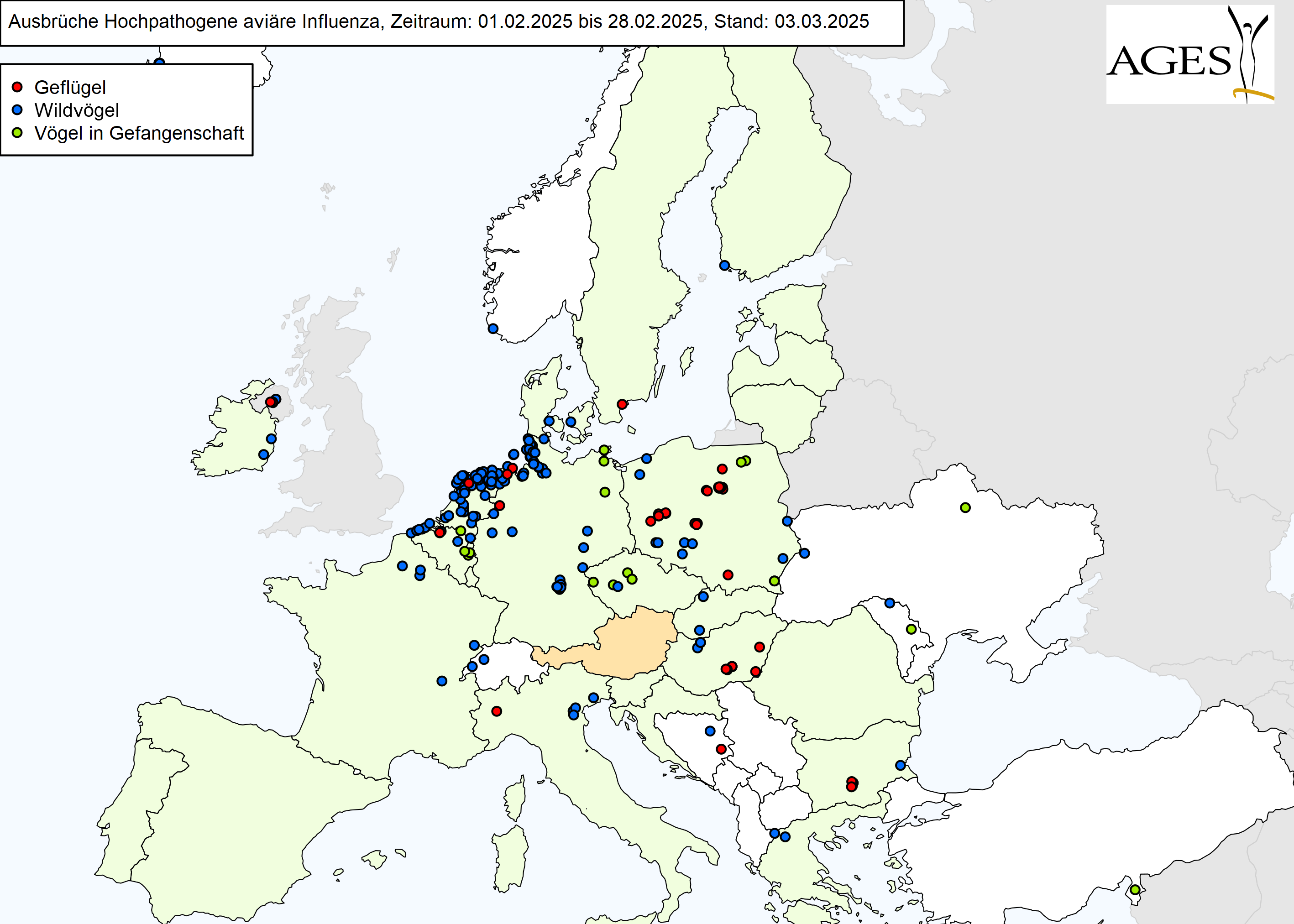 Europakarte zu HPAI-Ausbrüchen wie in "Situation in Europa" beschrieben.