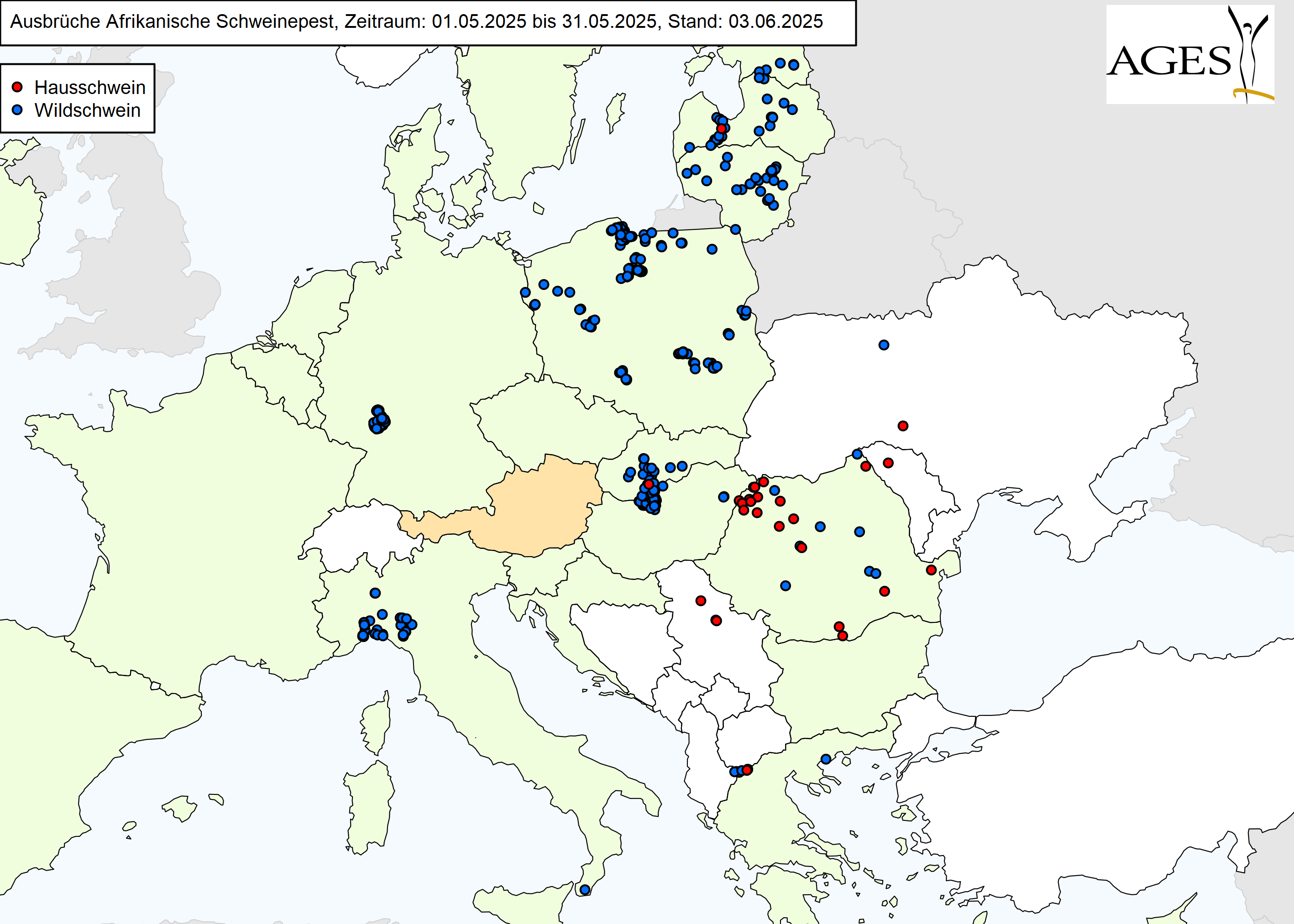 Europakarte zu ASP-Ausbrüche wie in "Situation in Europa" beschrieben.