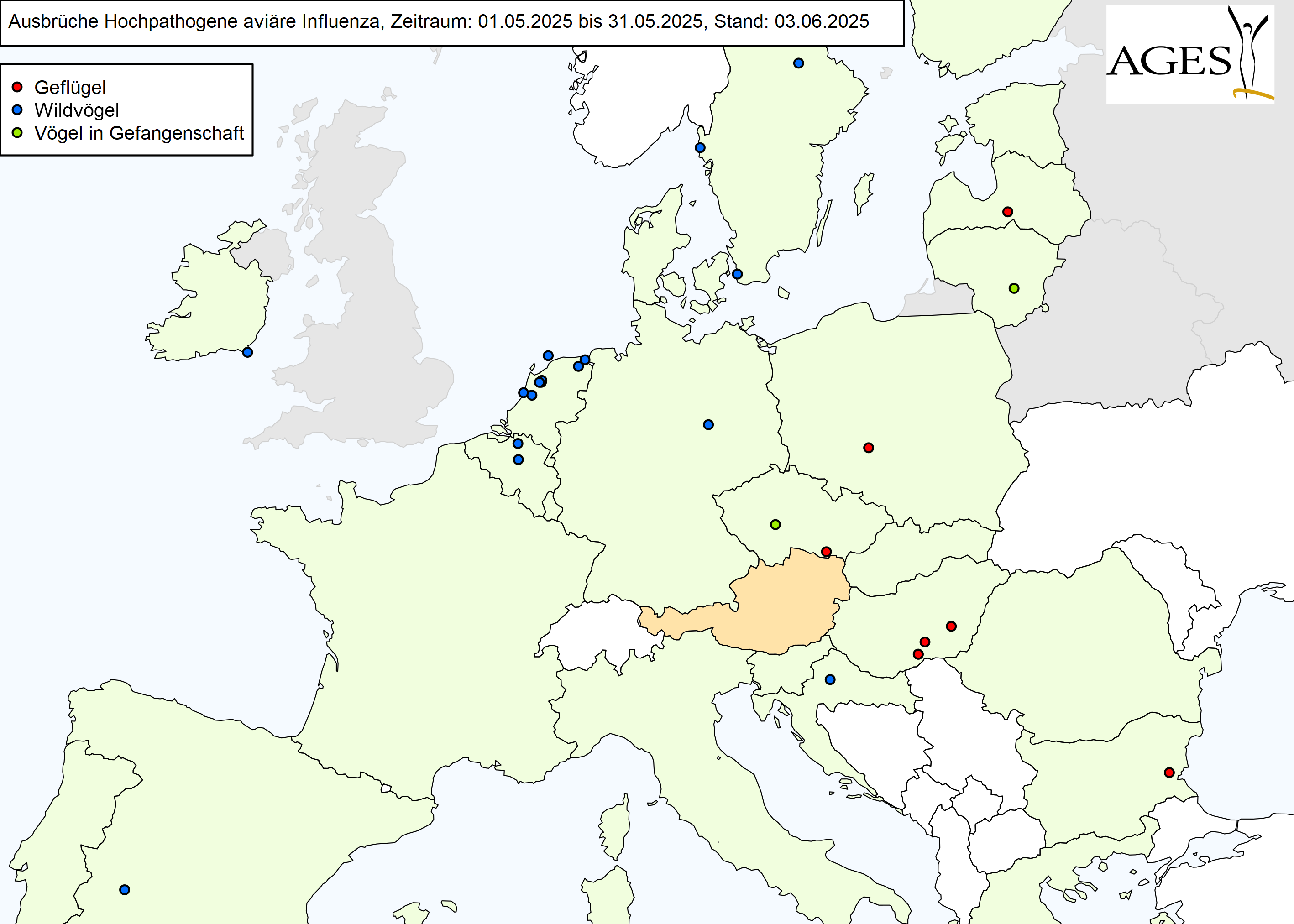 Europakarte zu HPAI-Ausbrüchen wie in "Situation in Europa" beschrieben.