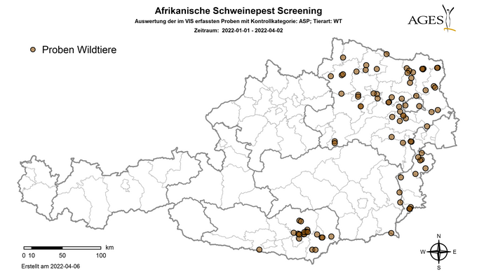 Afrikanische Schweinepest, Screening: Fundorte toter Wildschweine 2022 (Stand 02.04.) (Enlarges Image in Dialog Window)